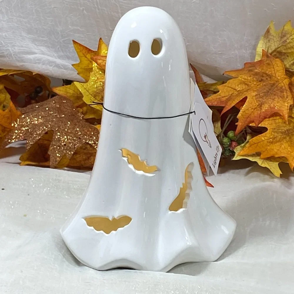 Led Light Up Ceramic Cut out Bats White Ghost Halloween Decor 8